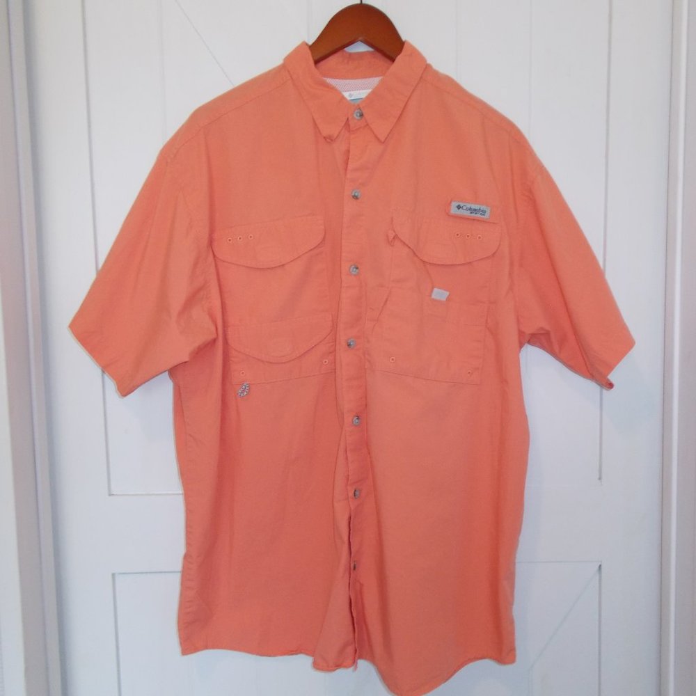 Columbia PFG Shirt Orange Short Sleeve‎ Button Down Vented Fishing Shirt Adult L